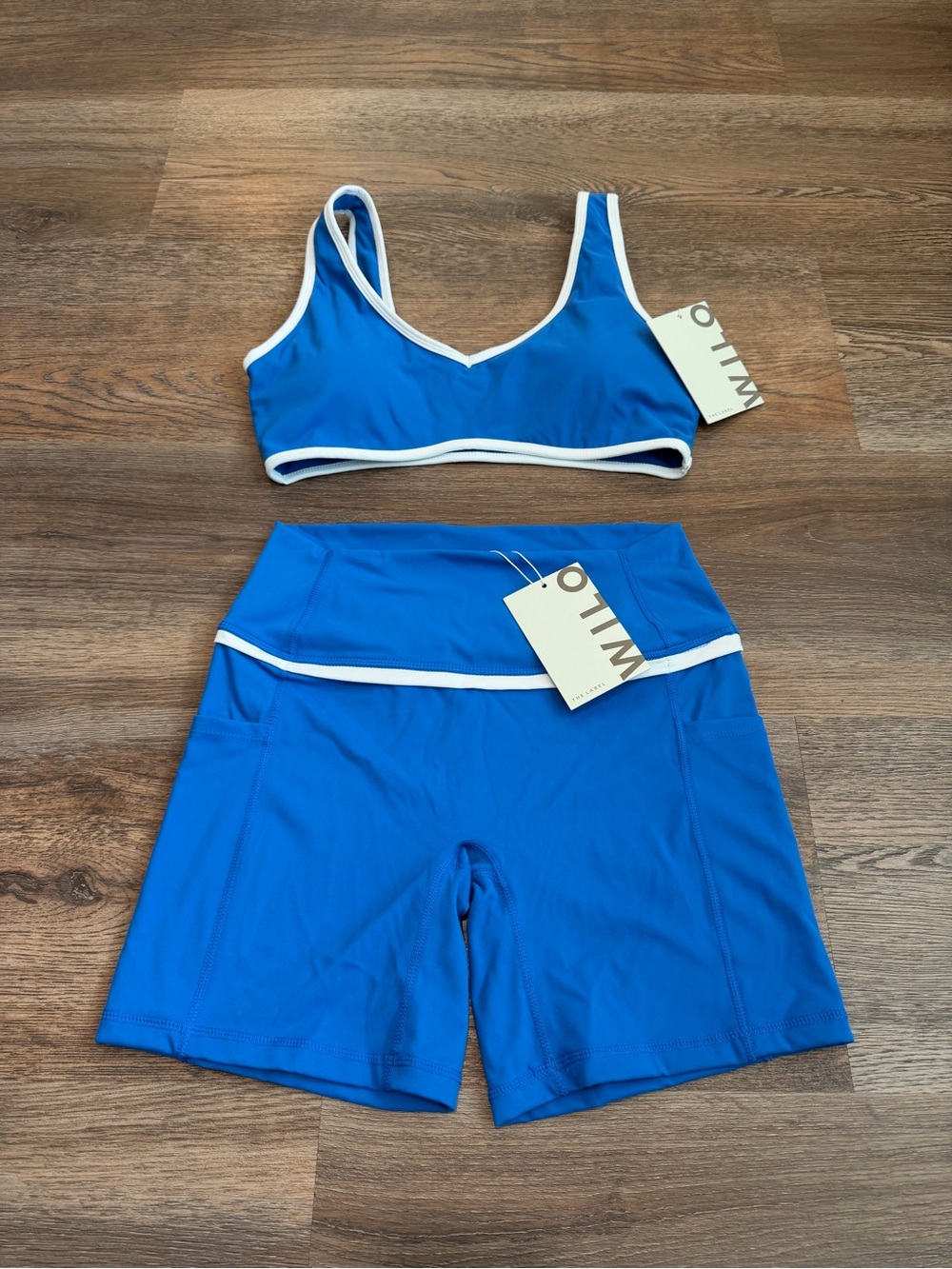 NWT Wilo The Label Active Set Sports Bra Biker Shorts Cobalt Blue White Medium